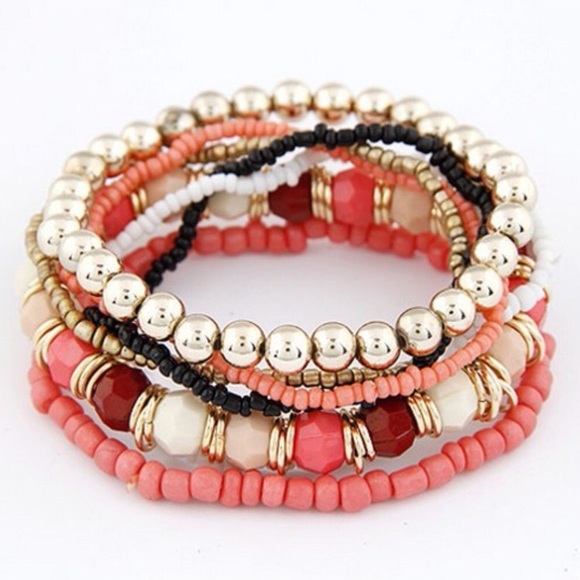 💎2 for $15💎 7 Coral & Gold Beaded Bracelet Set - Picture 1 of 3